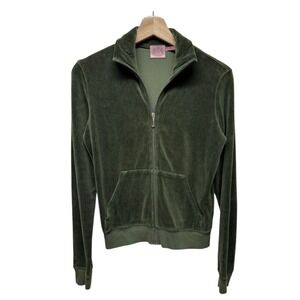 Vtg Y2K Juicy‎ Couture Olive Green Velour Track Jacket Sz L Full Zip J Zipper